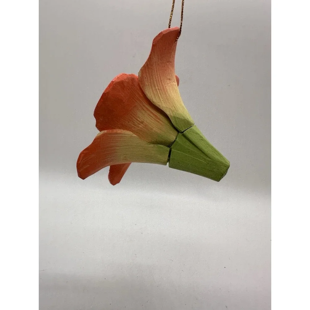 Glitter Amaryllis‎ Flower Hanging Ornament Red Green Hand Painted Wood 5